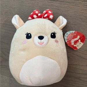 NWT Squishmallows Clarice Beige Reindeer Plush with Red Polka Dot Bow